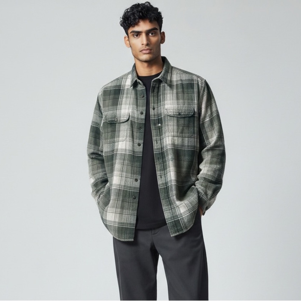 Eddie‎ Bauer Legend Men’s Plaid Flannel Shirt Green/Gray Bainbridge Plaid Size L